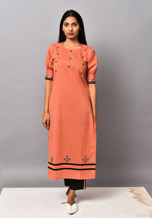 Dusty Orange Gathered Sleeve Kurta Set