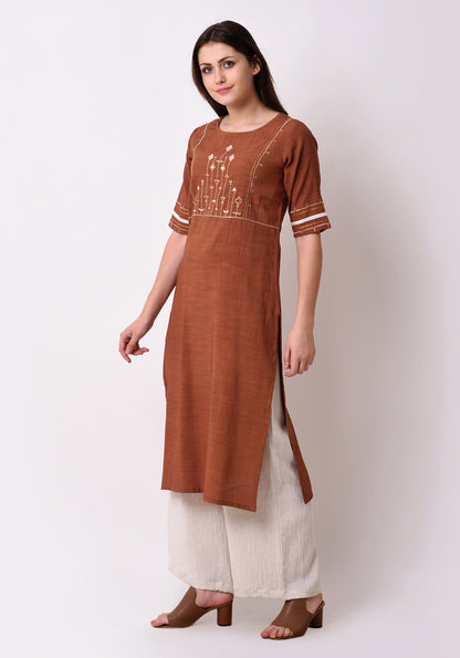 Straight Embriodered Yoke Kurta - Brown