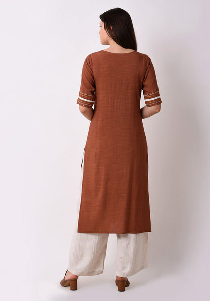 Straight Embriodered Yoke Kurta - Brown