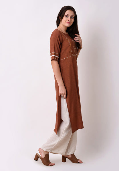 Straight Embriodered Yoke Kurta - Brown