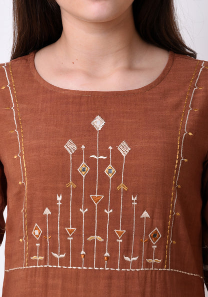Straight Embriodered Yoke Kurta - Brown