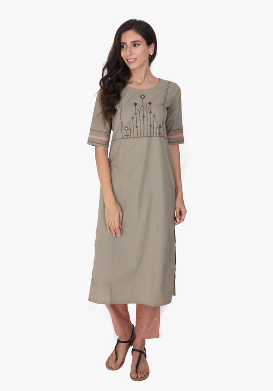 Tribal Embroidered Straight Kurta - Fair Green