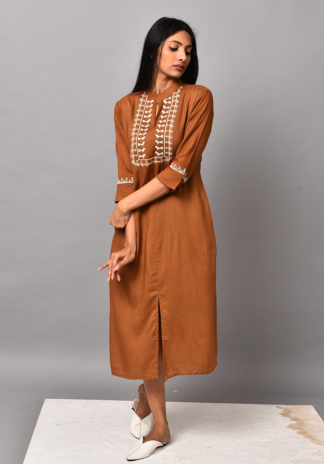 Front Slit Embroidered Brown Dress