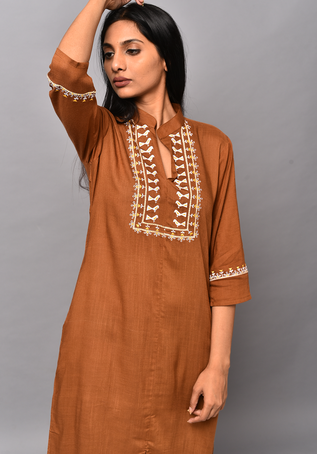 Front Slit Embroidered Brown Dress