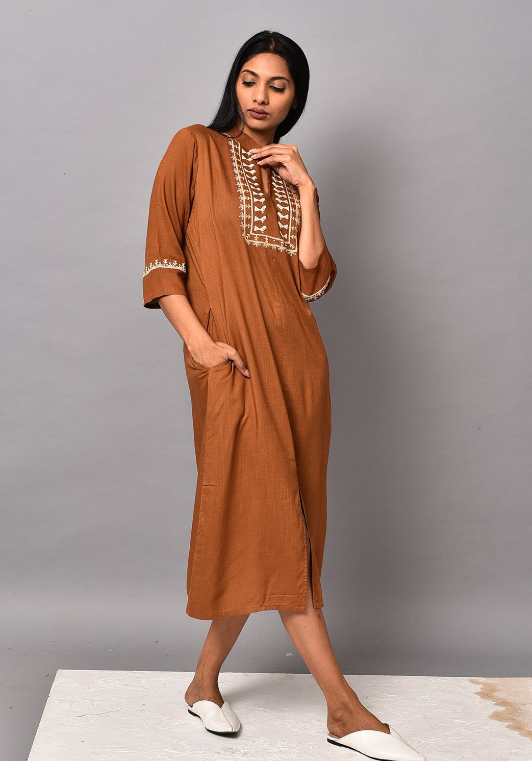 Front Slit Embroidered Brown Dress