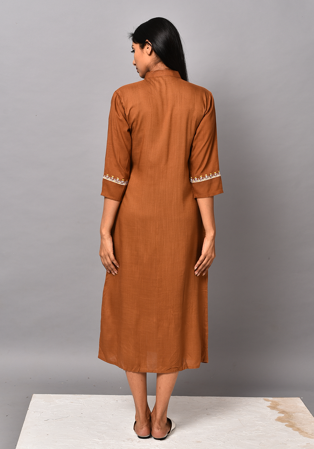 Front Slit Embroidered Brown Dress