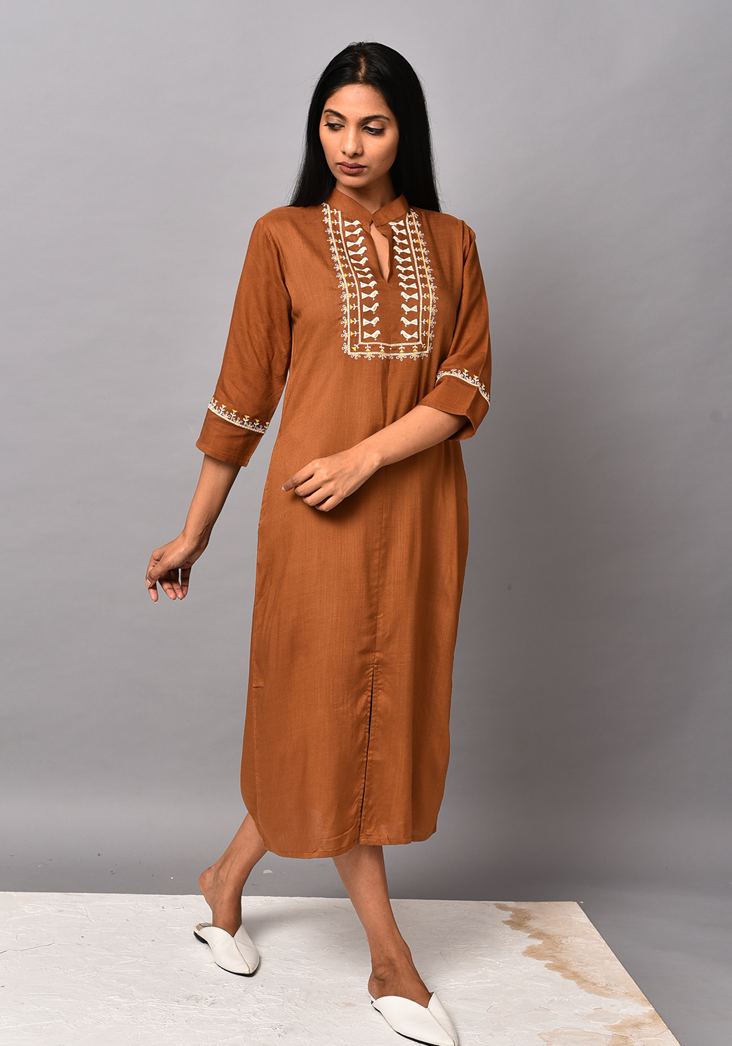 Front Slit Embroidered Brown Dress