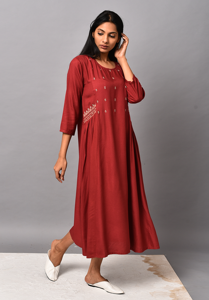 Maroon A-line Embroidered Dress