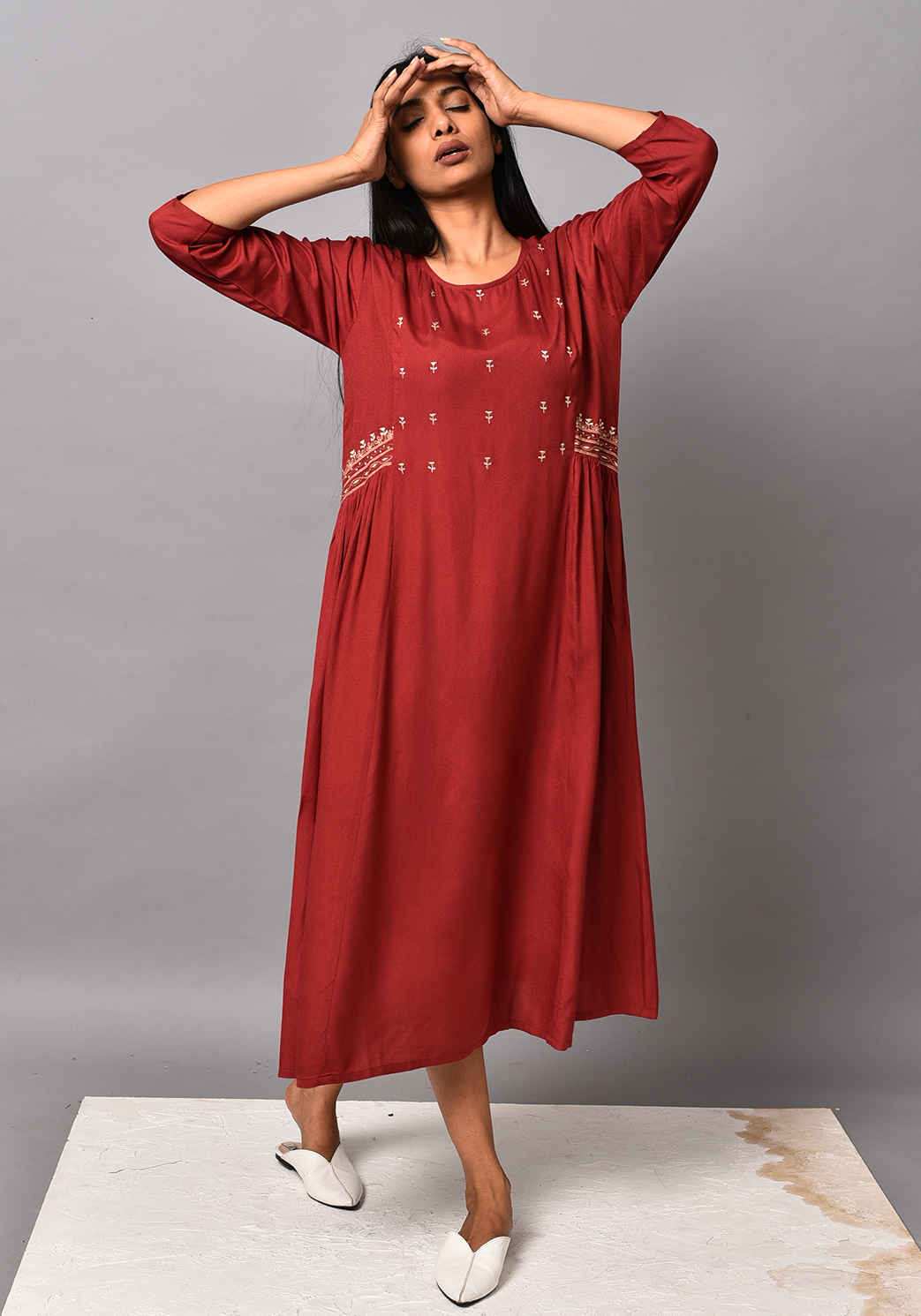 Maroon A-line Embroidered Dress