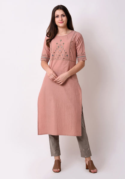 Tribal Embroidered Yoke Kurta - Peach