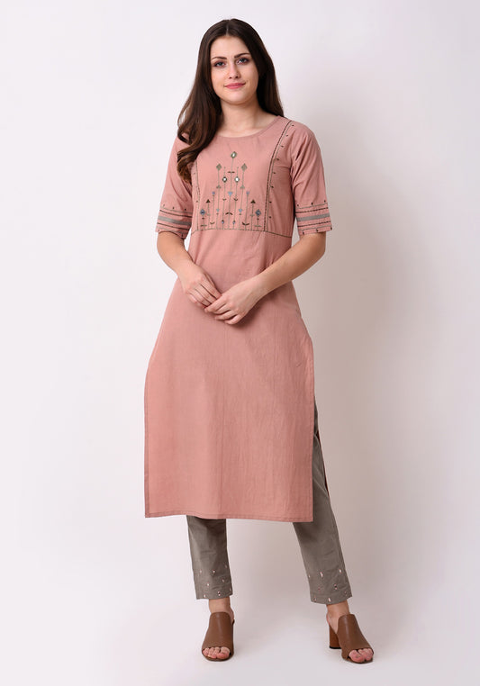 Tribal Embroidered Yoke Kurta - Peach