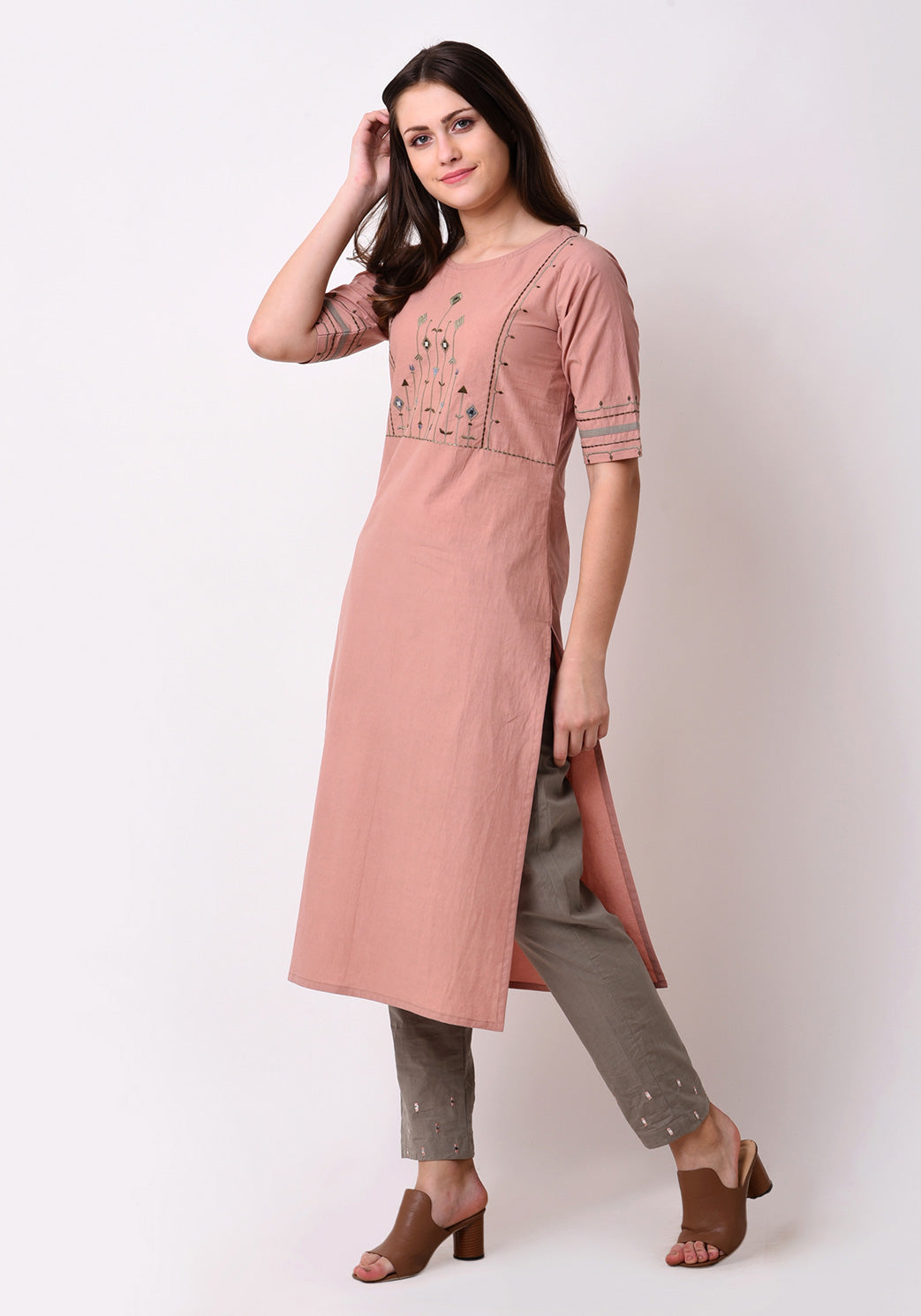 Tribal Embroidered Yoke Kurta - Peach