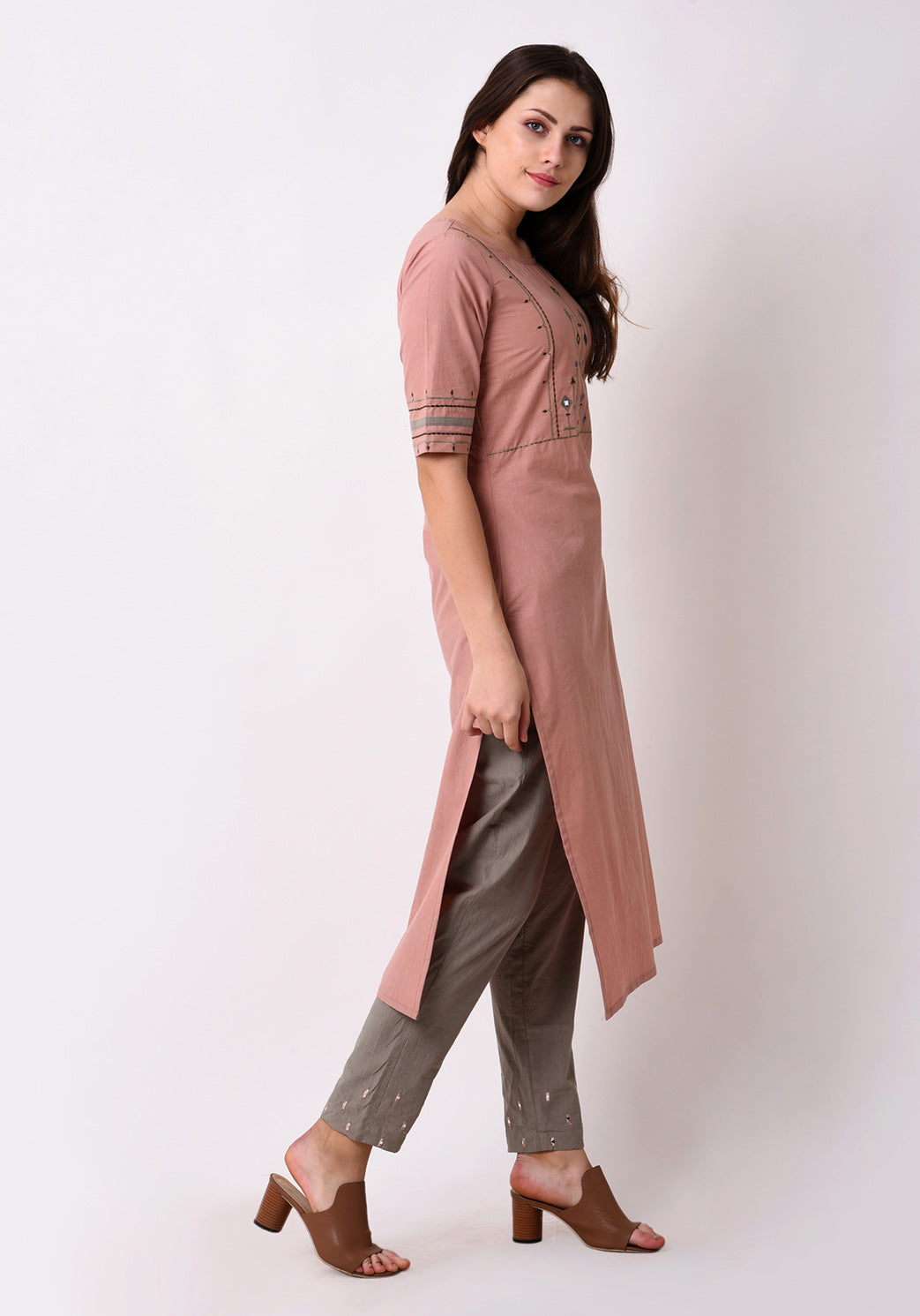 Tribal Embroidered Yoke Kurta - Peach