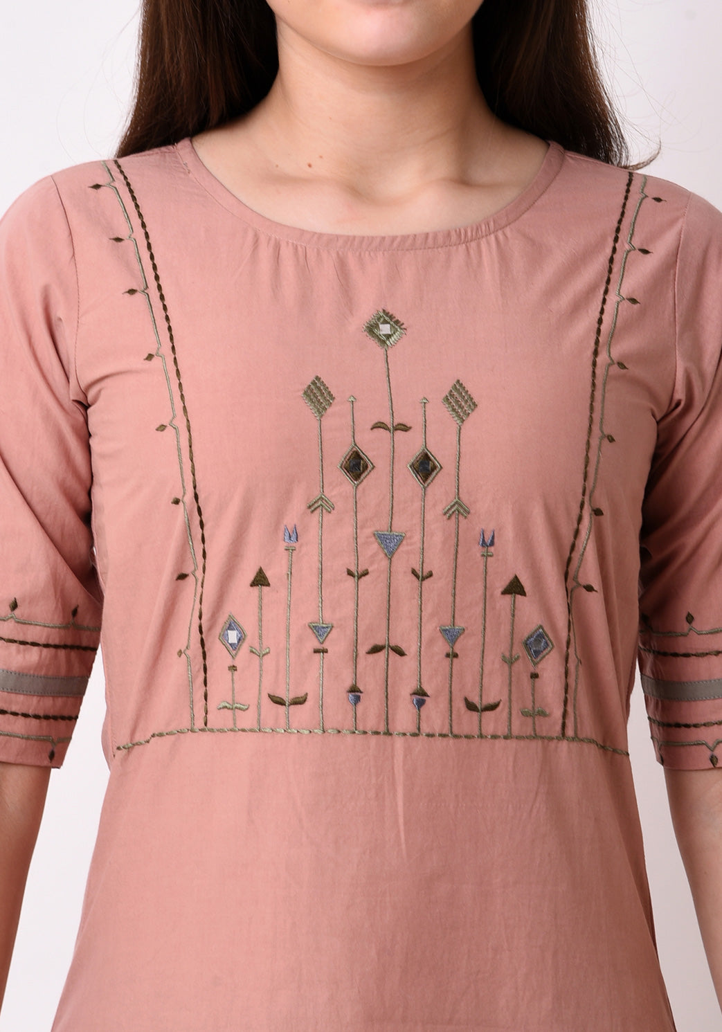 Tribal Embroidered Yoke Kurta - Peach