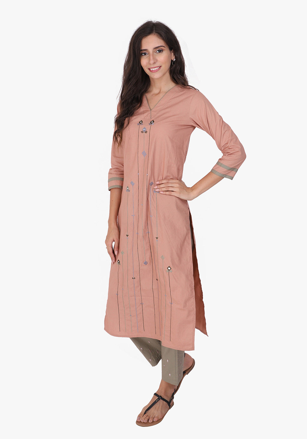 Tribal Embroidered V- Neck Kurta - Peach
