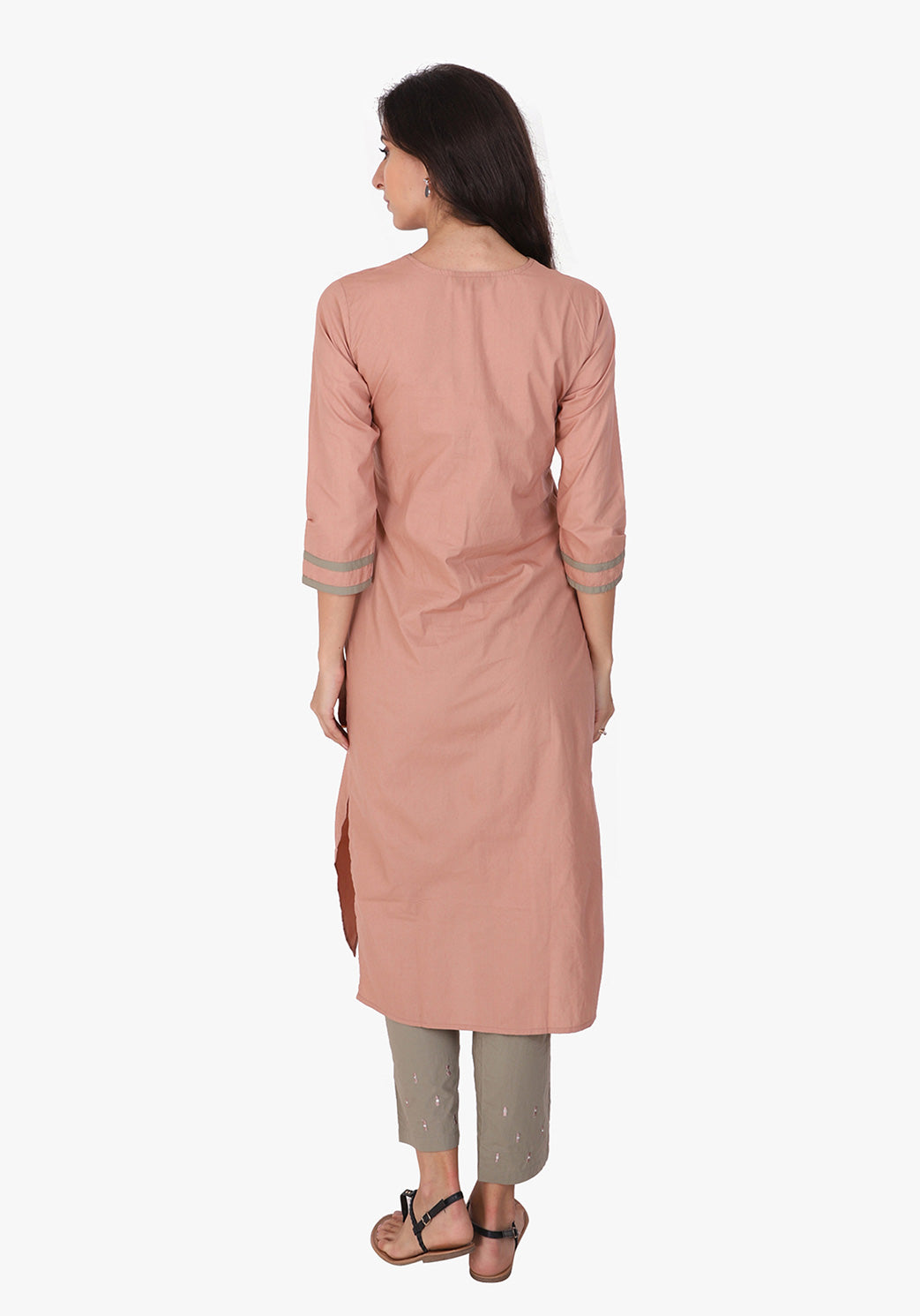 Tribal Embroidered V- Neck Kurta - Peach