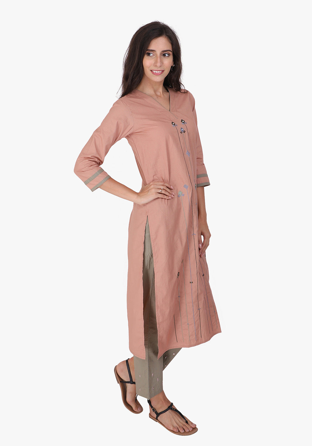 Tribal Embroidered V- Neck Kurta - Peach