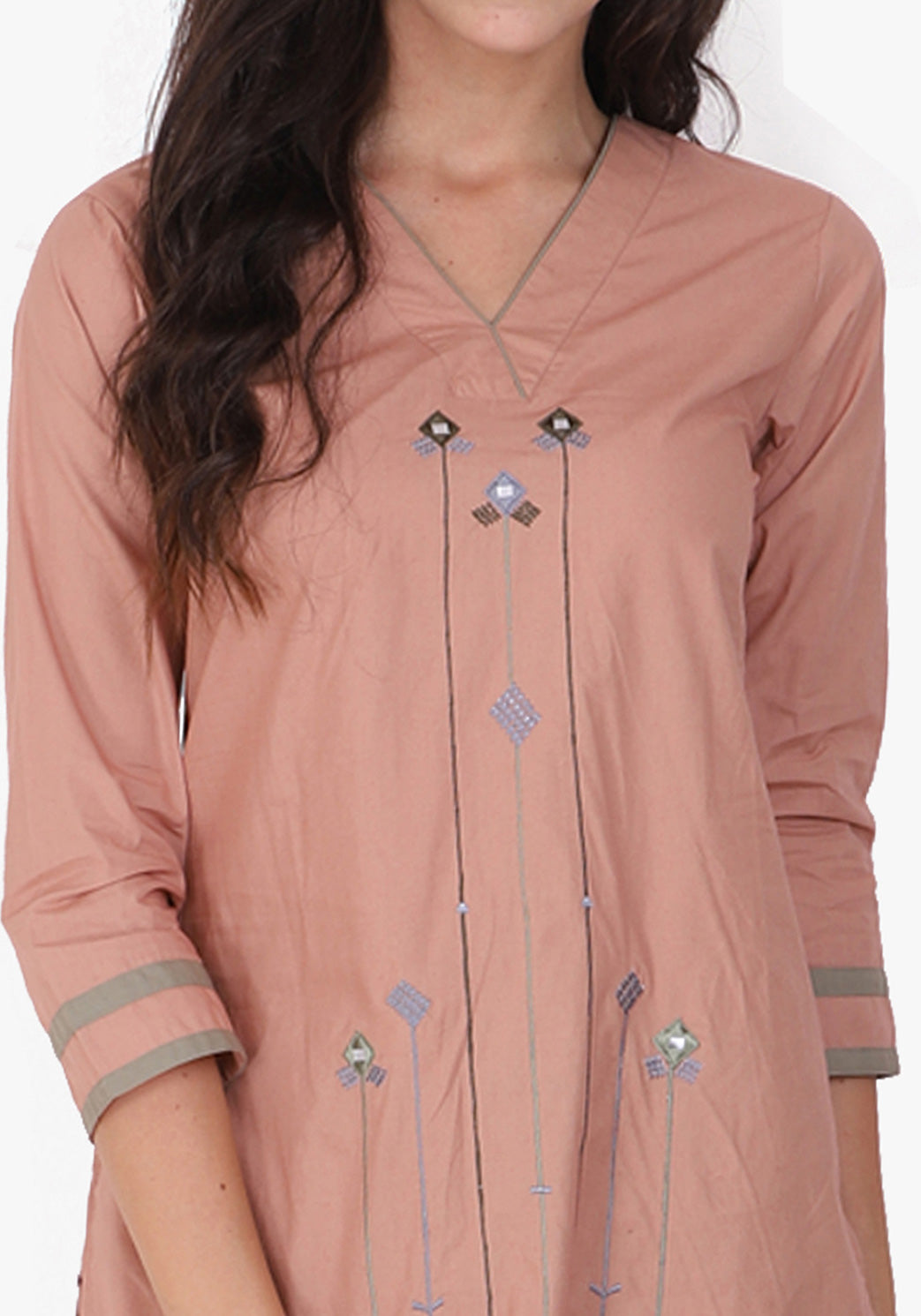 Tribal Embroidered V- Neck Kurta - Peach