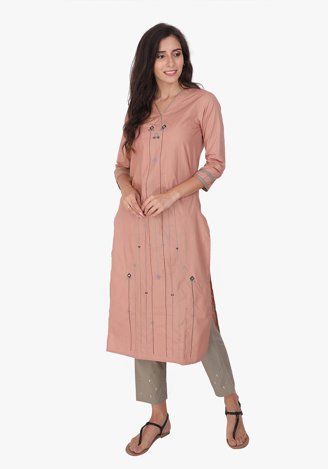 Tribal Embroidered V- Neck Kurta - Peach