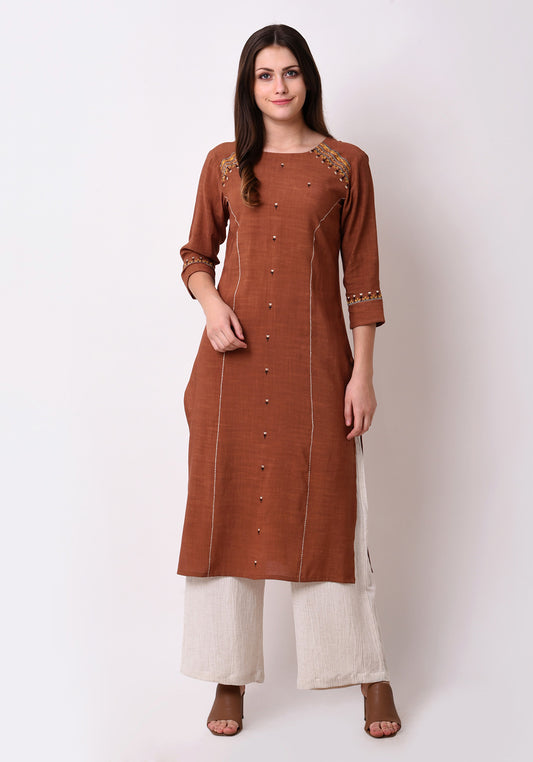 Straight Embriodred Kurta - Brown