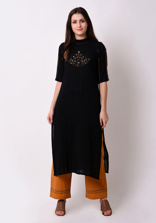 Turtle Neck Embroidered Kurta - Black