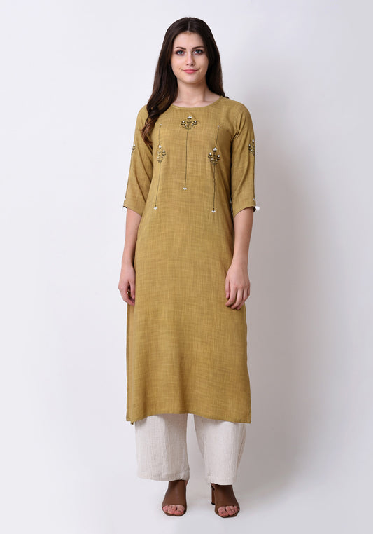 Slub Embroidered Kurta - Apple Green