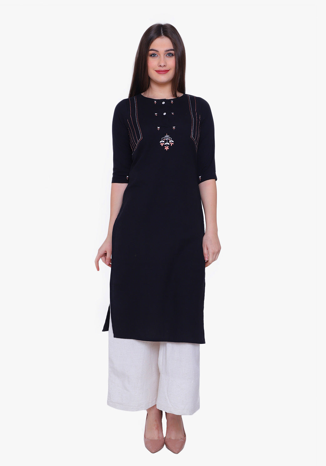 Embroidered Button-down Black Kurta