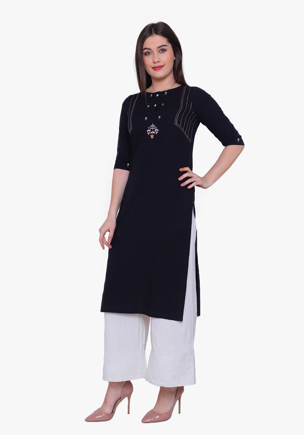 Embroidered Button-down Black Kurta