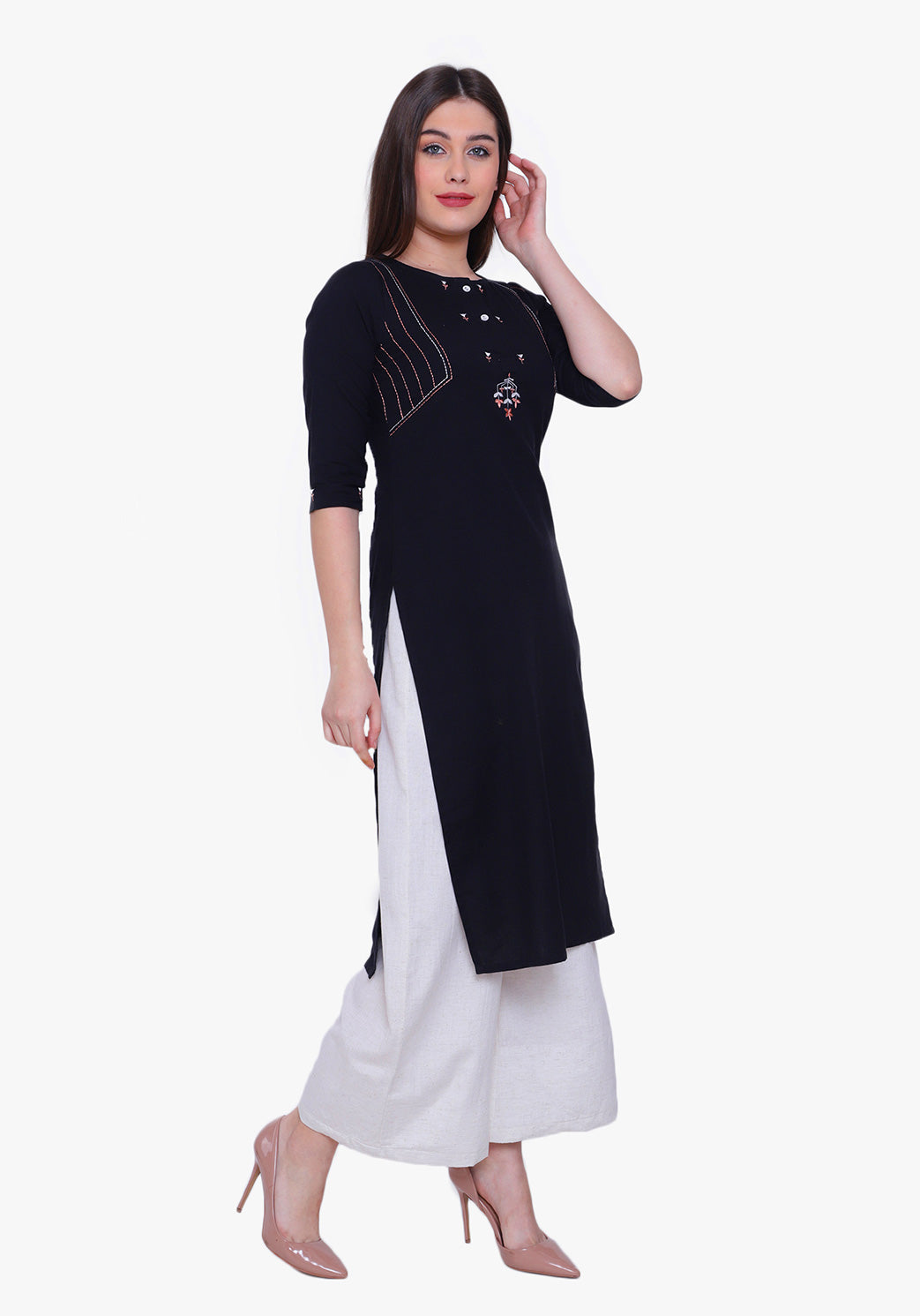 Embroidered Button-down Black Kurta