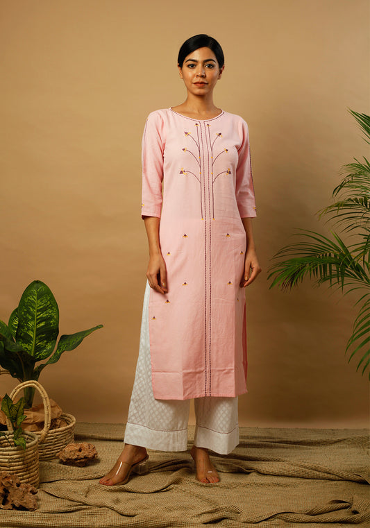 Tribal Embroidered Prism Pink Kurta