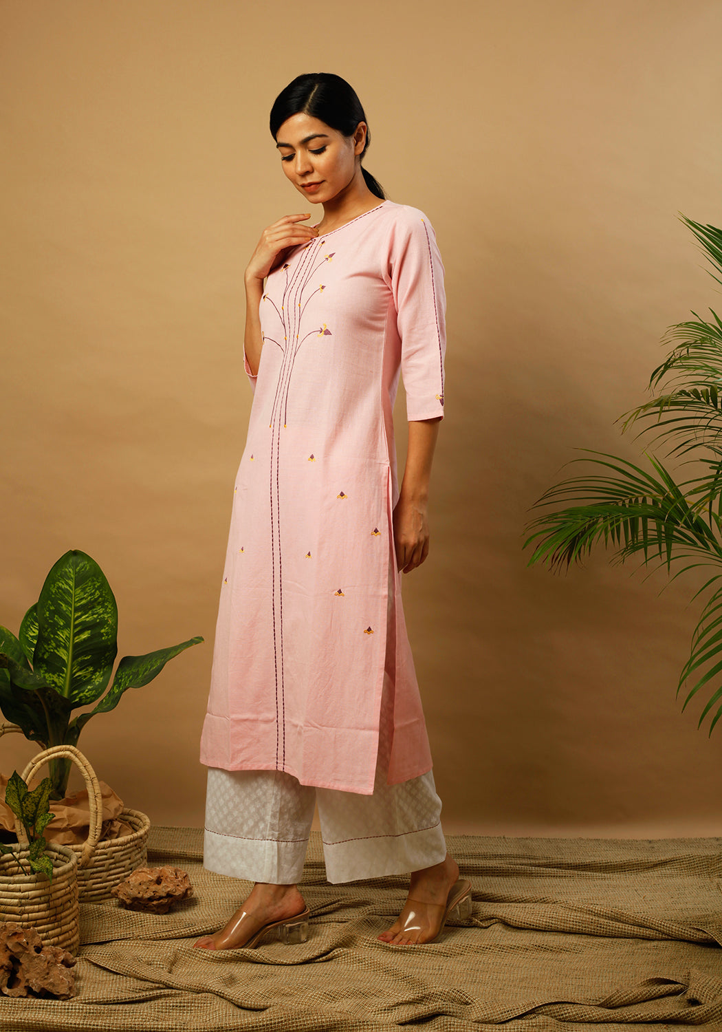 Tribal Embroidered Prism Pink Kurta