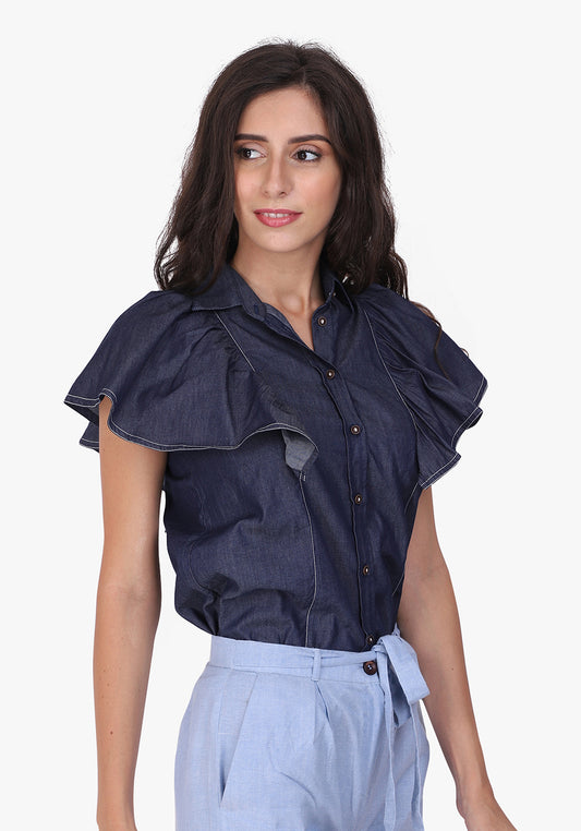 Denim Ruffled Sleeve Ombre Blue Shirt