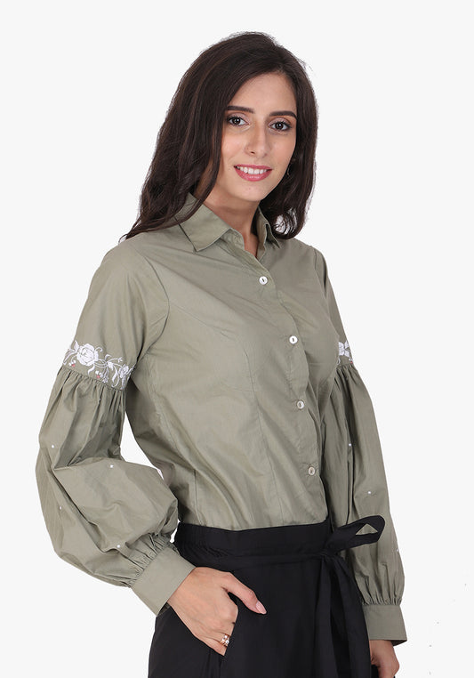 Embroidered Bishop Sleeve Fair Green Shirt