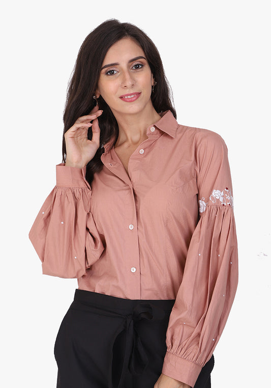 Embroidered Bishop Sleeve Autumn Blonde Shirt