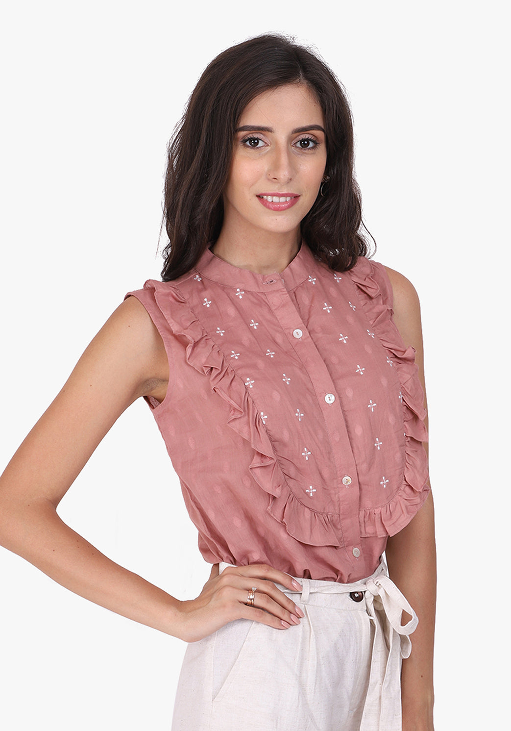Dobby Frill Embroidered Yoke Pale Blush Shirt