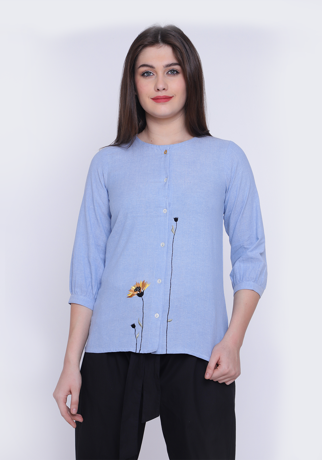Floral Embroidered Chambray Wan Blue Shirt