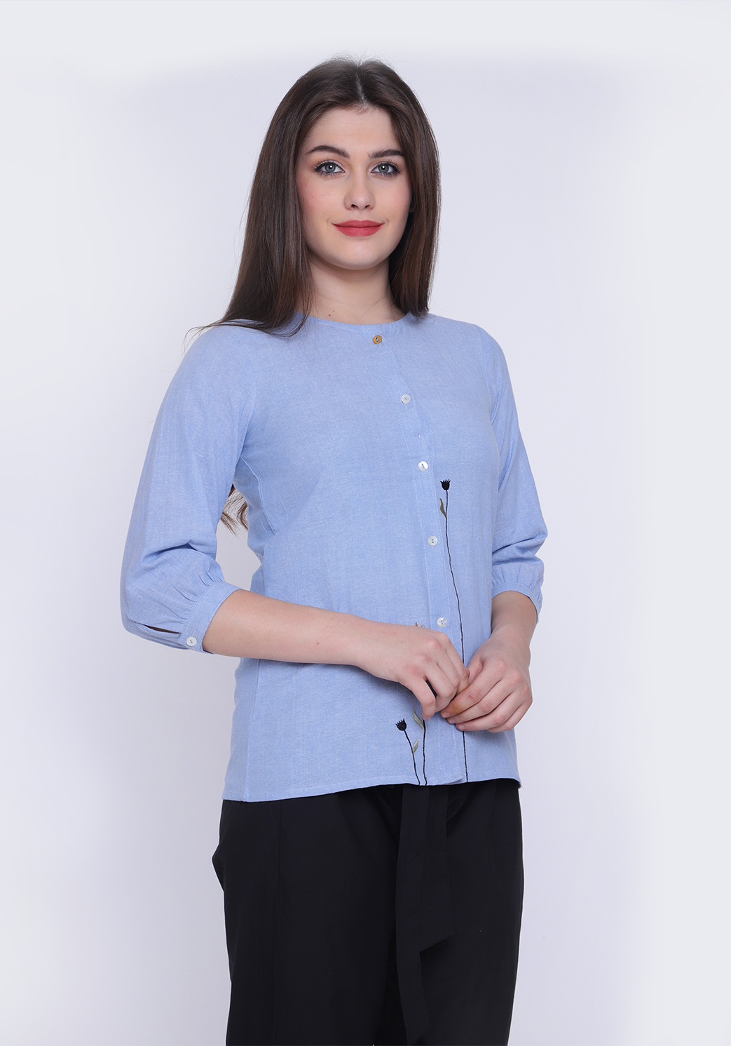 Floral Embroidered Chambray Wan Blue Shirt