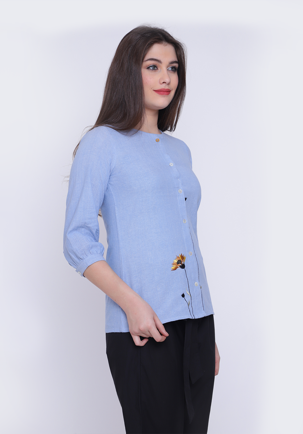 Floral Embroidered Chambray Wan Blue Shirt