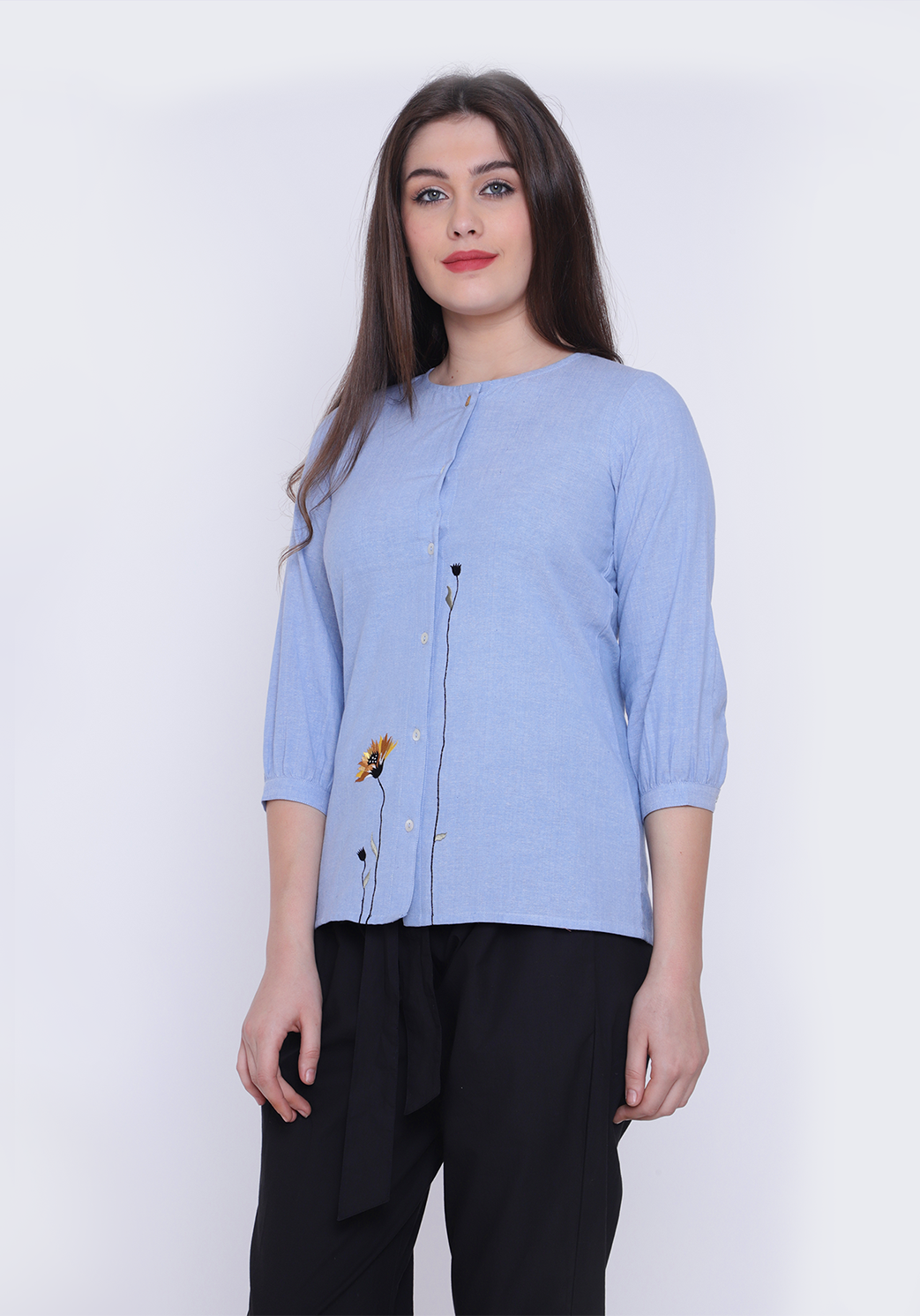 Floral Embroidered Chambray Wan Blue Shirt