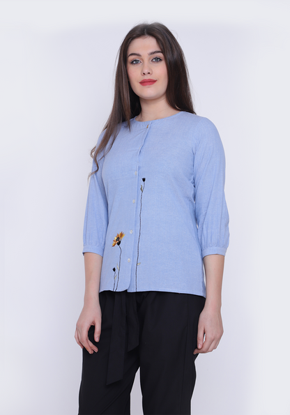 Floral Embroidered Chambray Wan Blue Shirt