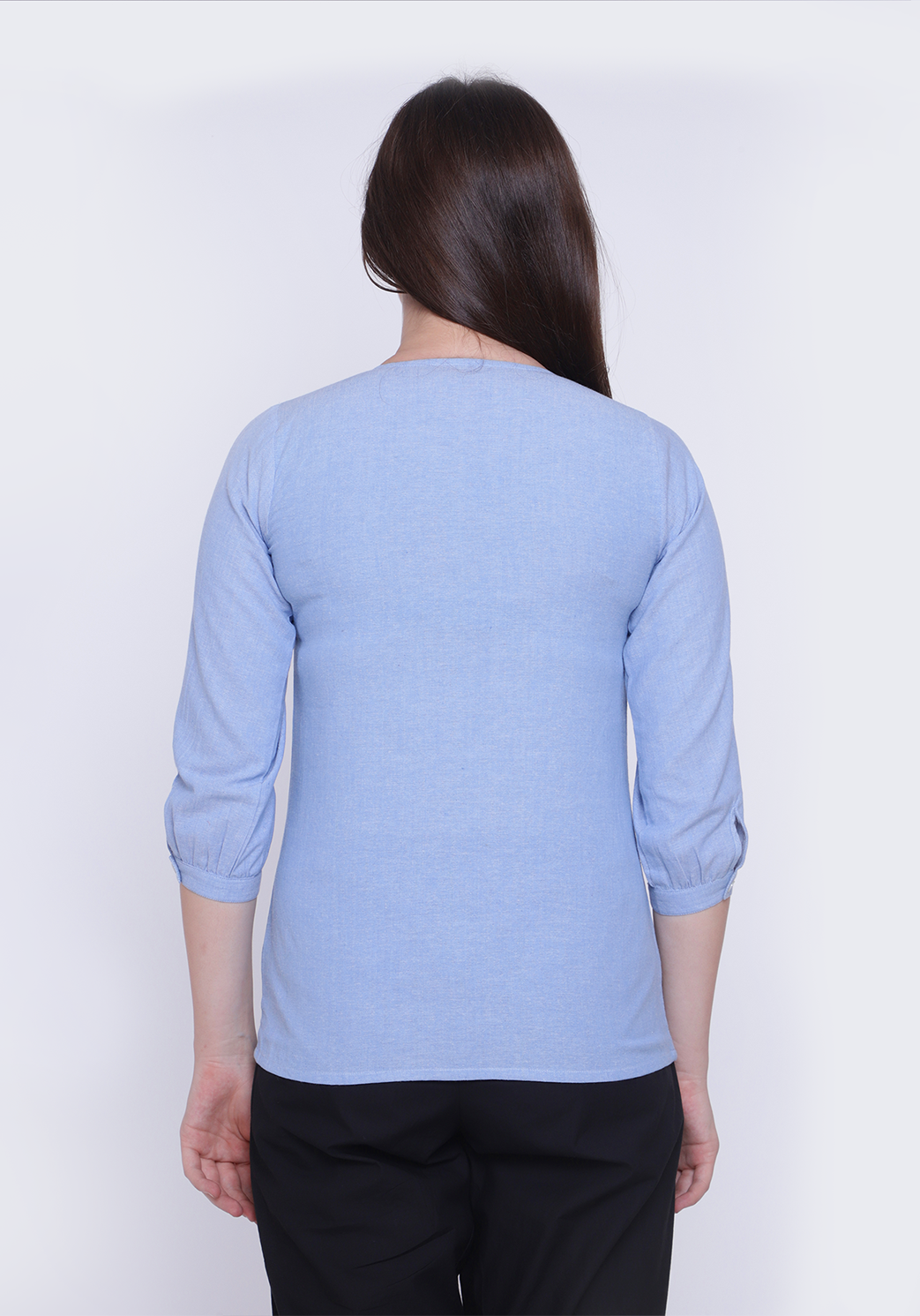 Floral Embroidered Chambray Wan Blue Shirt