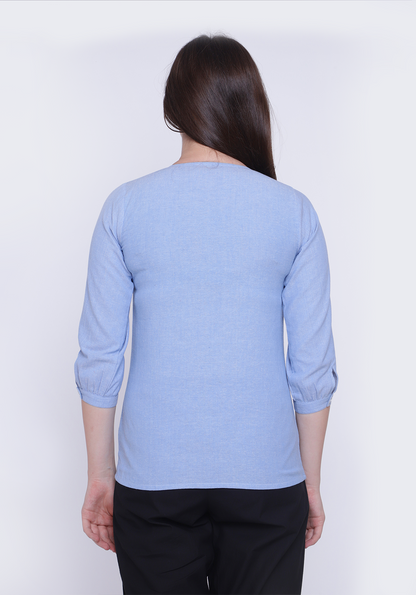 Floral Embroidered Chambray Wan Blue Shirt