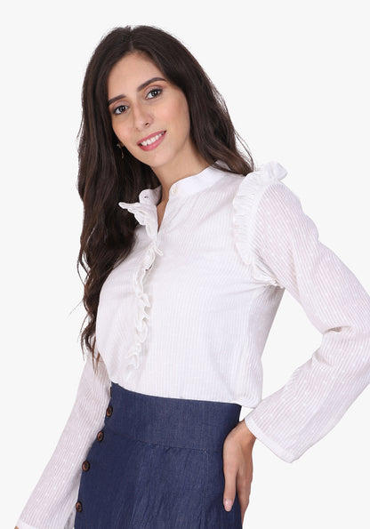 Dobby Frill Placket White Shirt