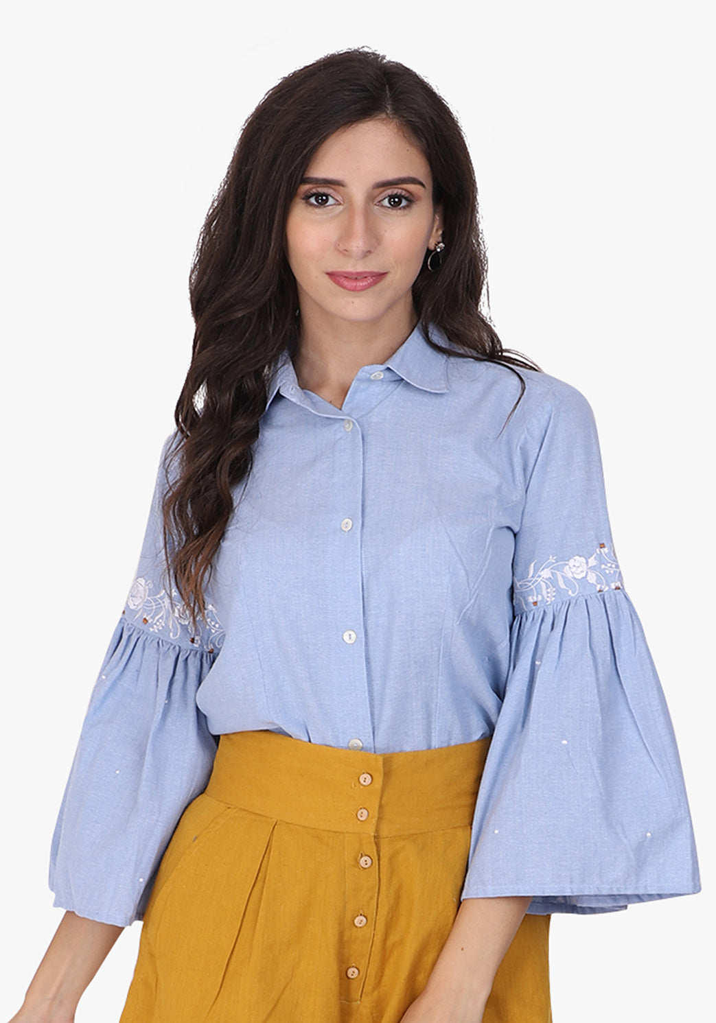 Embroidered Chambray Wan Blue Shirt