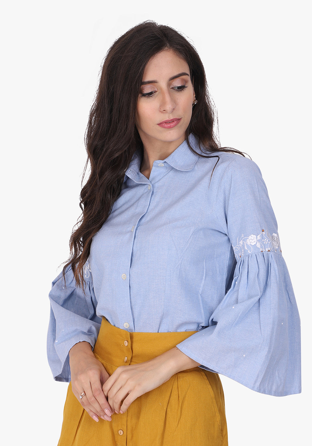 Embroidered Chambray Wan Blue Shirt