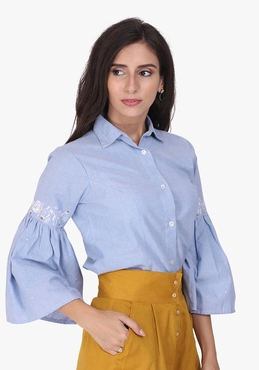 Embroidered Chambray Wan Blue Shirt