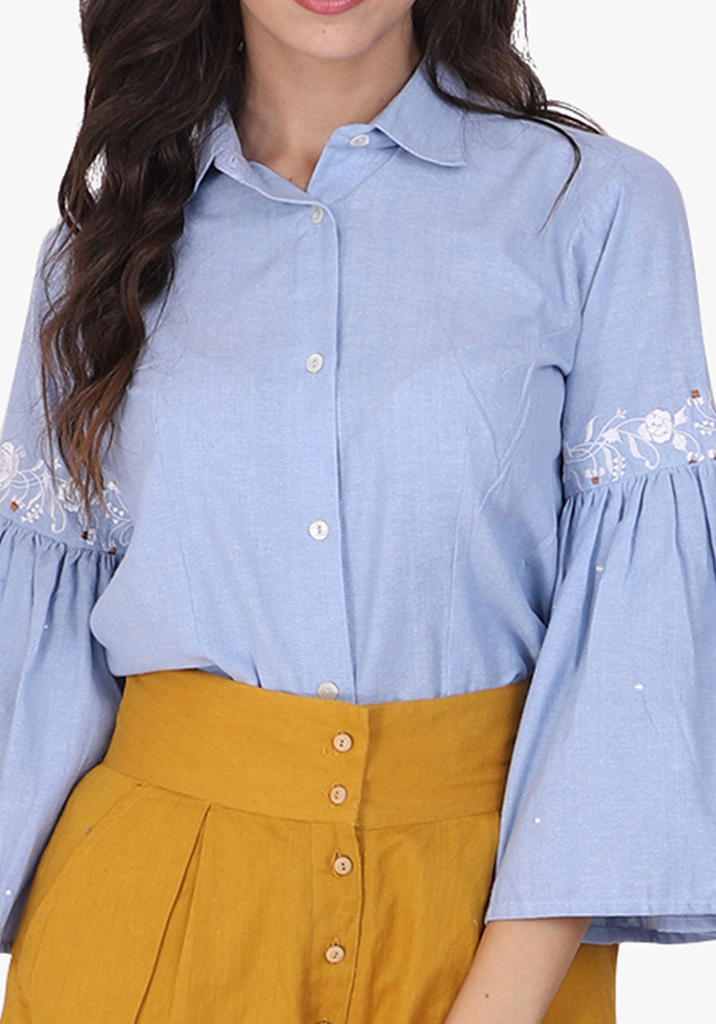 Embroidered Chambray Wan Blue Shirt
