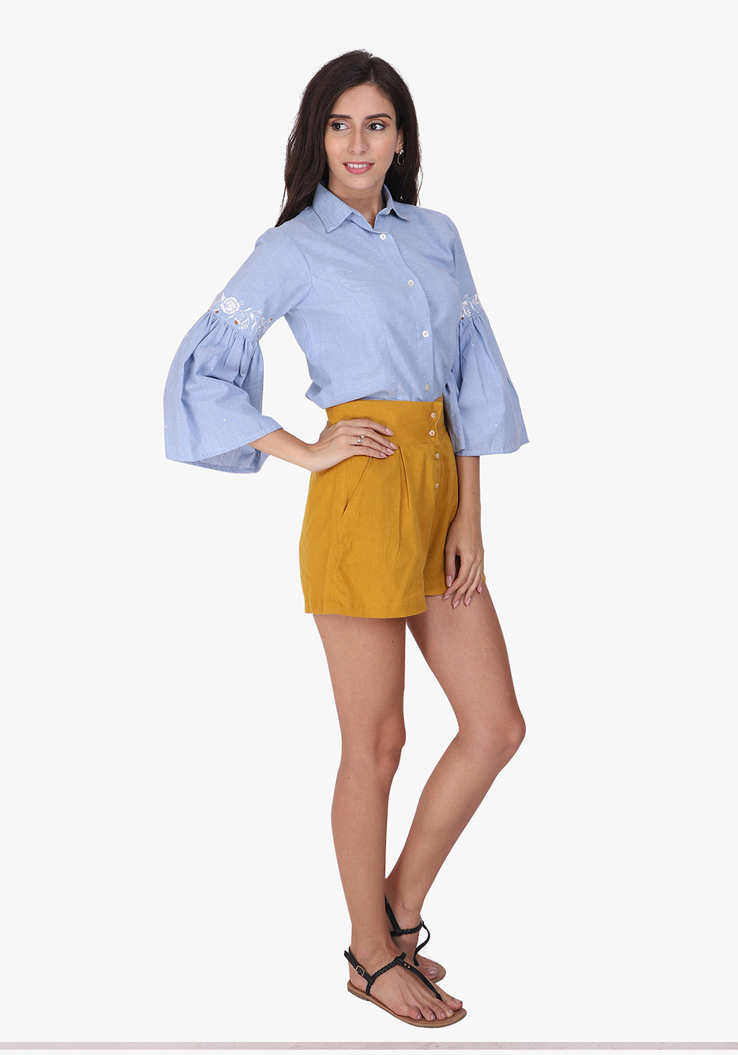 Embroidered Chambray Wan Blue Shirt