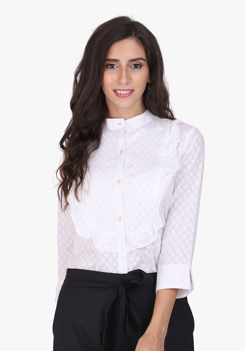 Dobby Frill Yoke White Full Sleeve Shirt