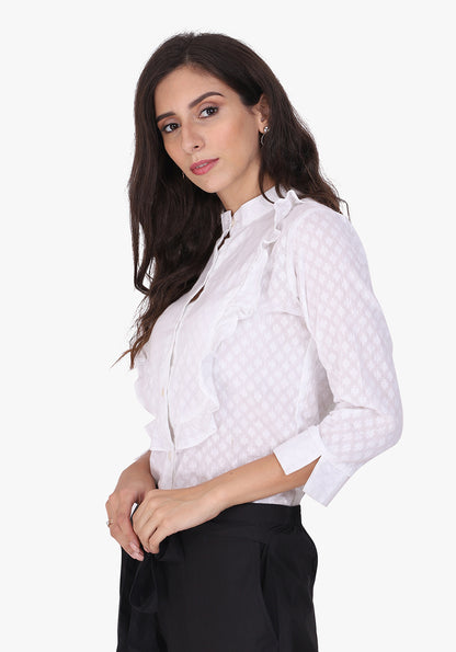 Dobby Frill Yoke White Full Sleeve Shirt